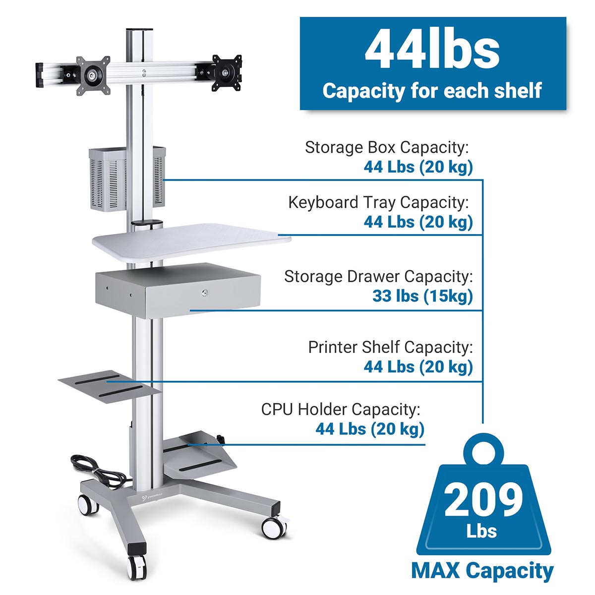 Yescom NexusX Dual-Monitor Rolling Computer Cart w/ Locking Metal Drawer