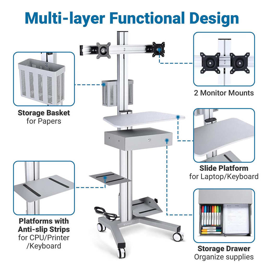 Yescom NexusX Dual-Monitor Rolling Computer Cart w/ Locking Metal Drawer
