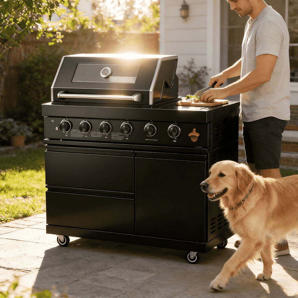 46"  Four Burners Black Outdoor Kitchen Islands Grill + Side Burner