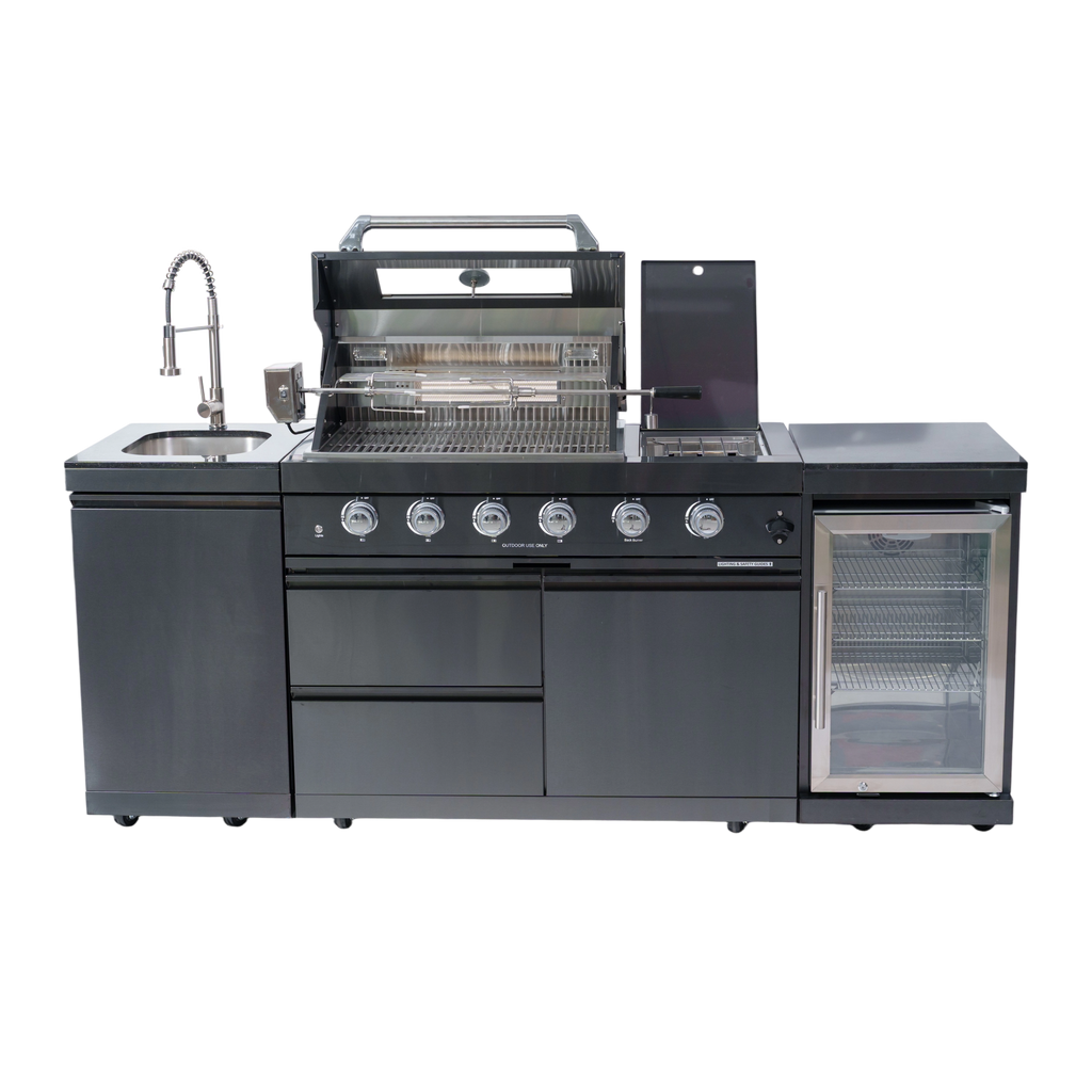 NG 85" 4-Burner 72,000 BTU Black Outdoor Kitchen Island Grill + Refrigerator + Sink