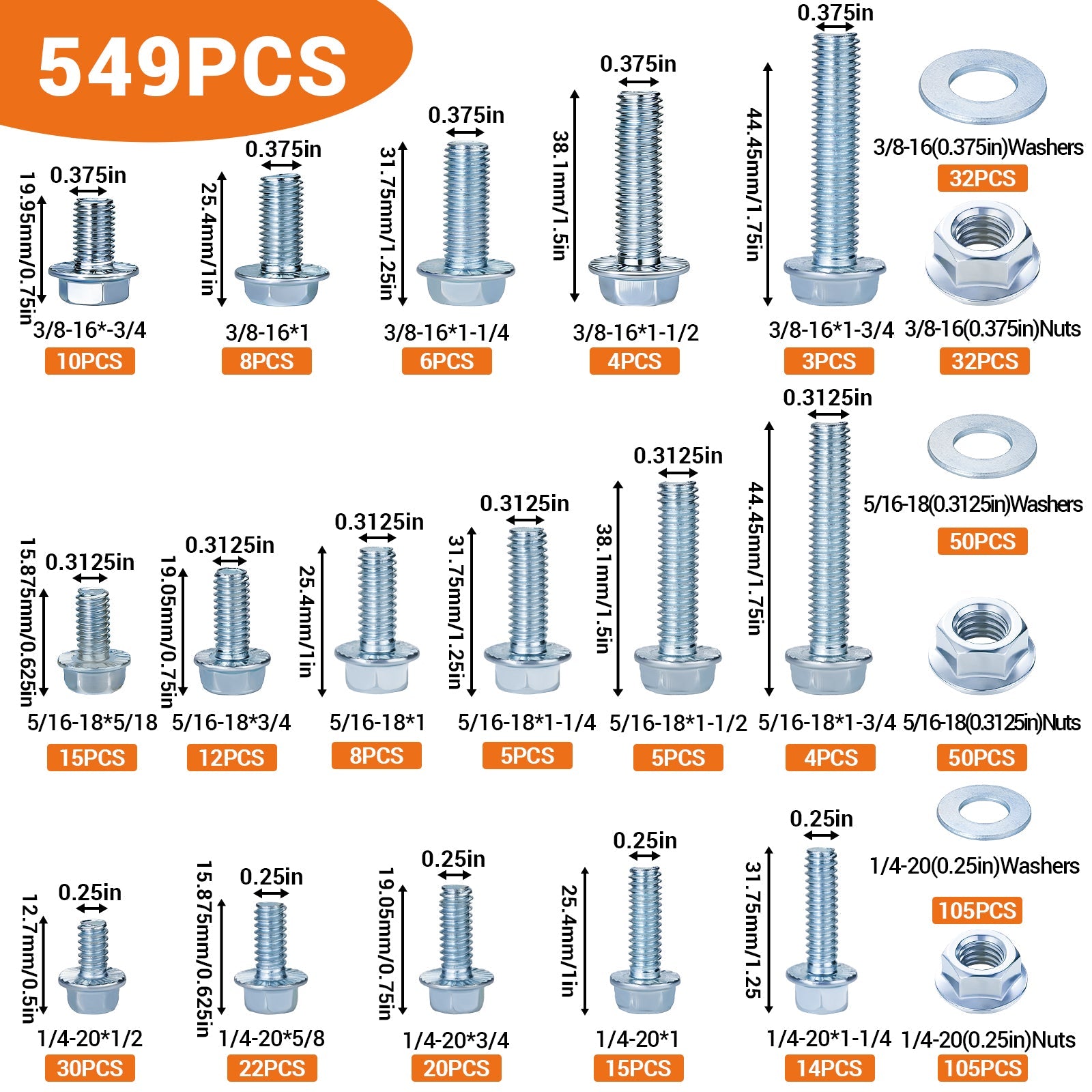 M6/M8/M10 Flange Bolt Kit (549PCS) | Hex Bolts, Nuts & Washers