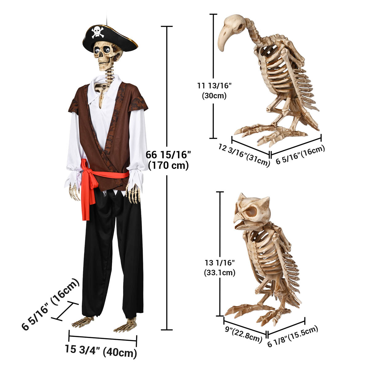 Yescom 5.6Ft Halloween Skeleton Set - Pirate Captain with Vulture & Owl