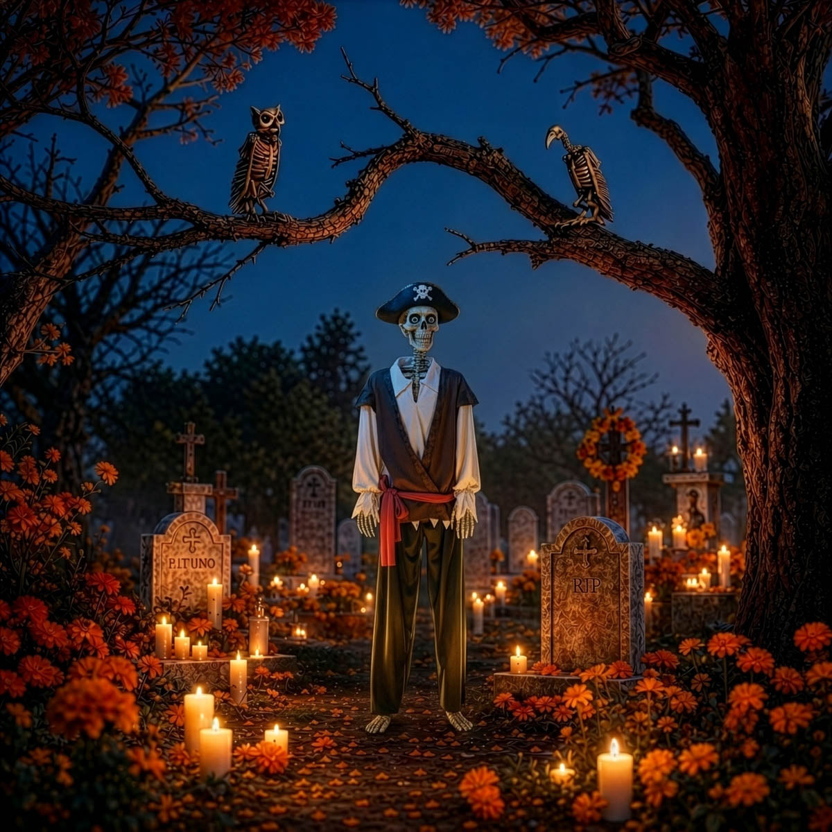 Yescom 5.6Ft Halloween Skeleton Set - Pirate Captain with Vulture & Owl