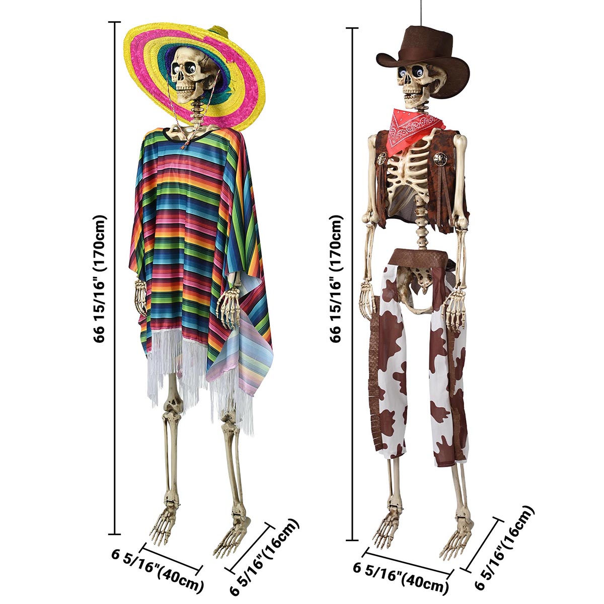Yescom 5.6Ft Posable Cowboy & Day of the Dead Halloween Skeletons Combo