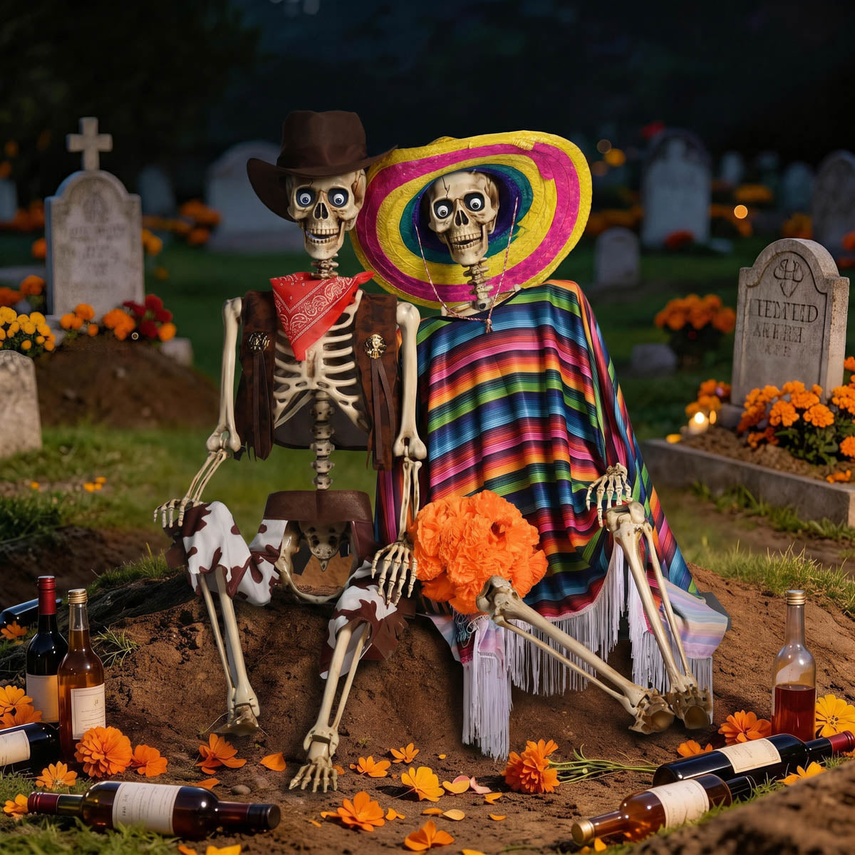 Yescom 5.6Ft Posable Cowboy & Day of the Dead Halloween Skeletons Combo
