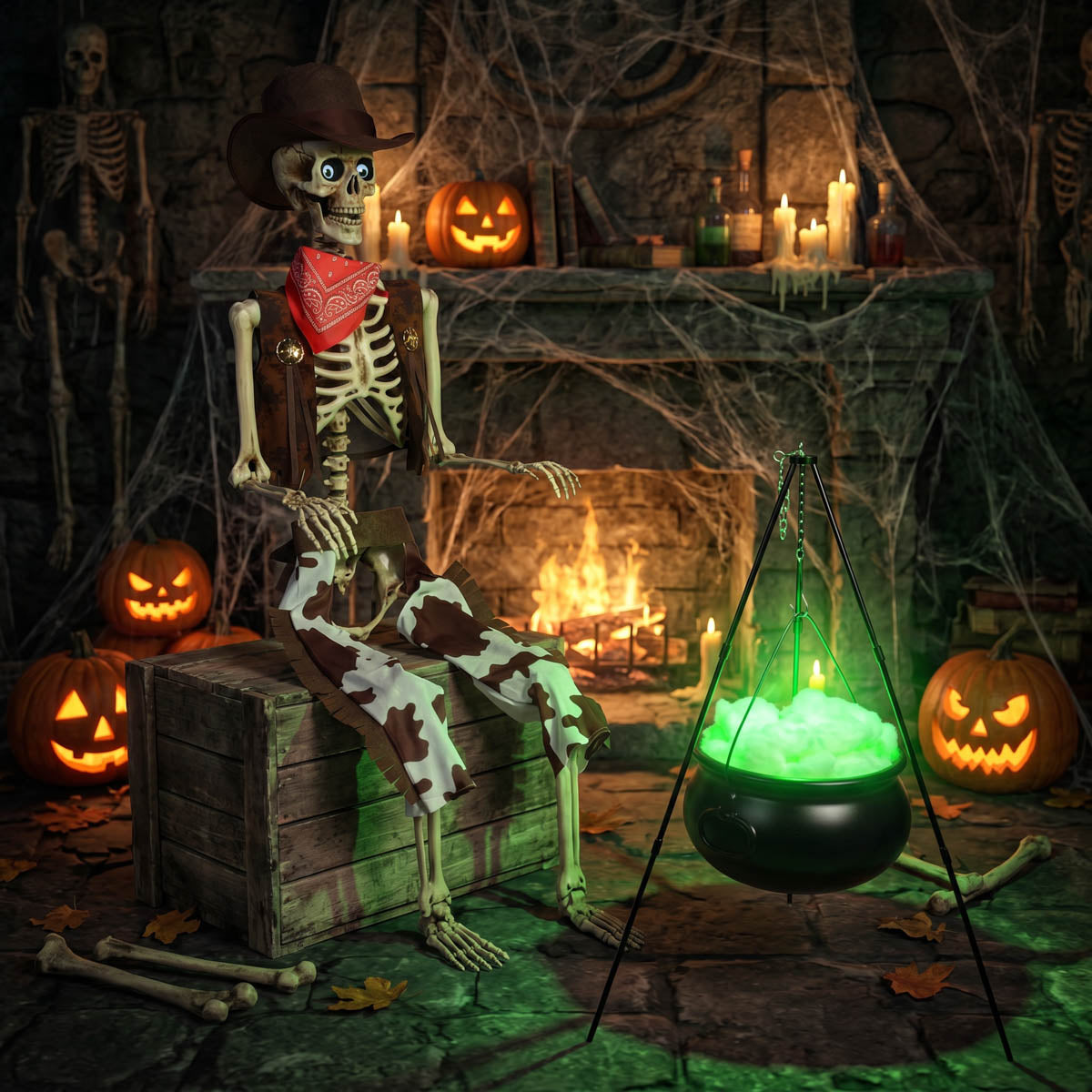 Yescom 5.6Ft Halloween Skeleton Set - Cowboy & Lighted Witch Cauldron