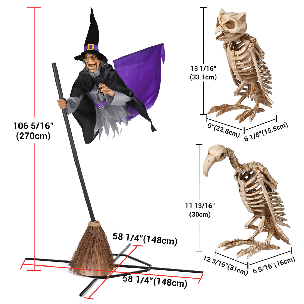 Yescom 9Ft Animated Flying Witch with Broom, Vulture & Owl Skeletons