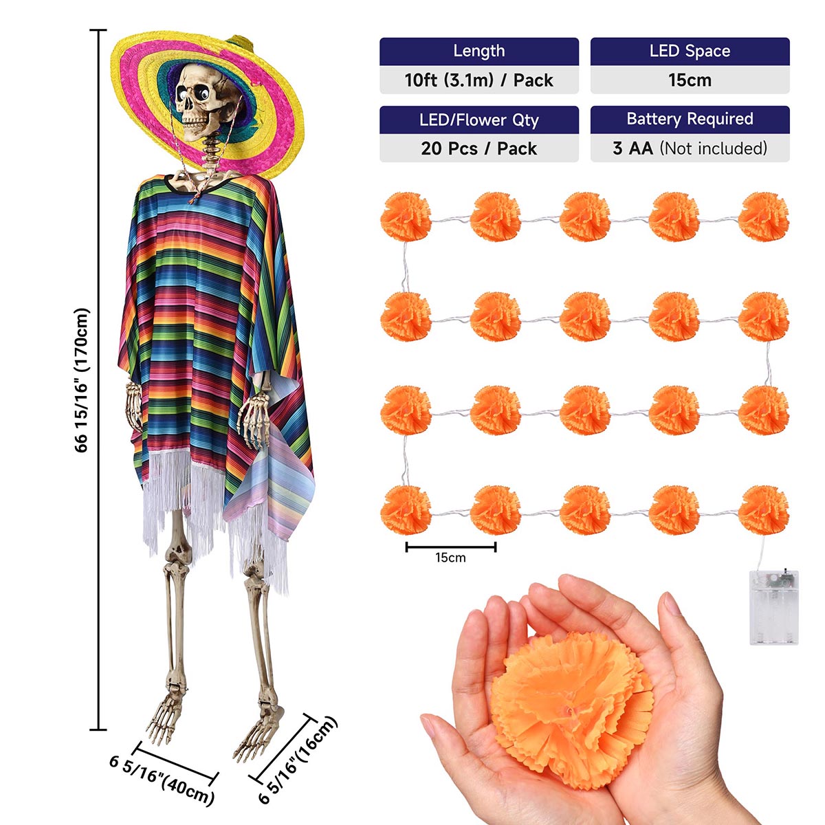 Yescom 5.6Ft Posable Halloween Skeleton with Marigold Fairy Lights