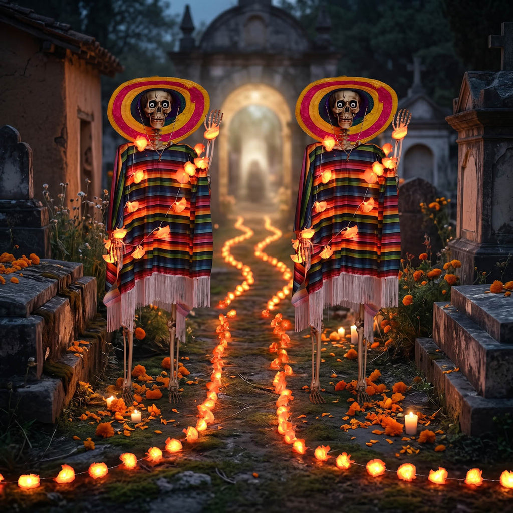 Yescom 5.6Ft Posable Halloween Skeleton with Marigold Fairy Lights