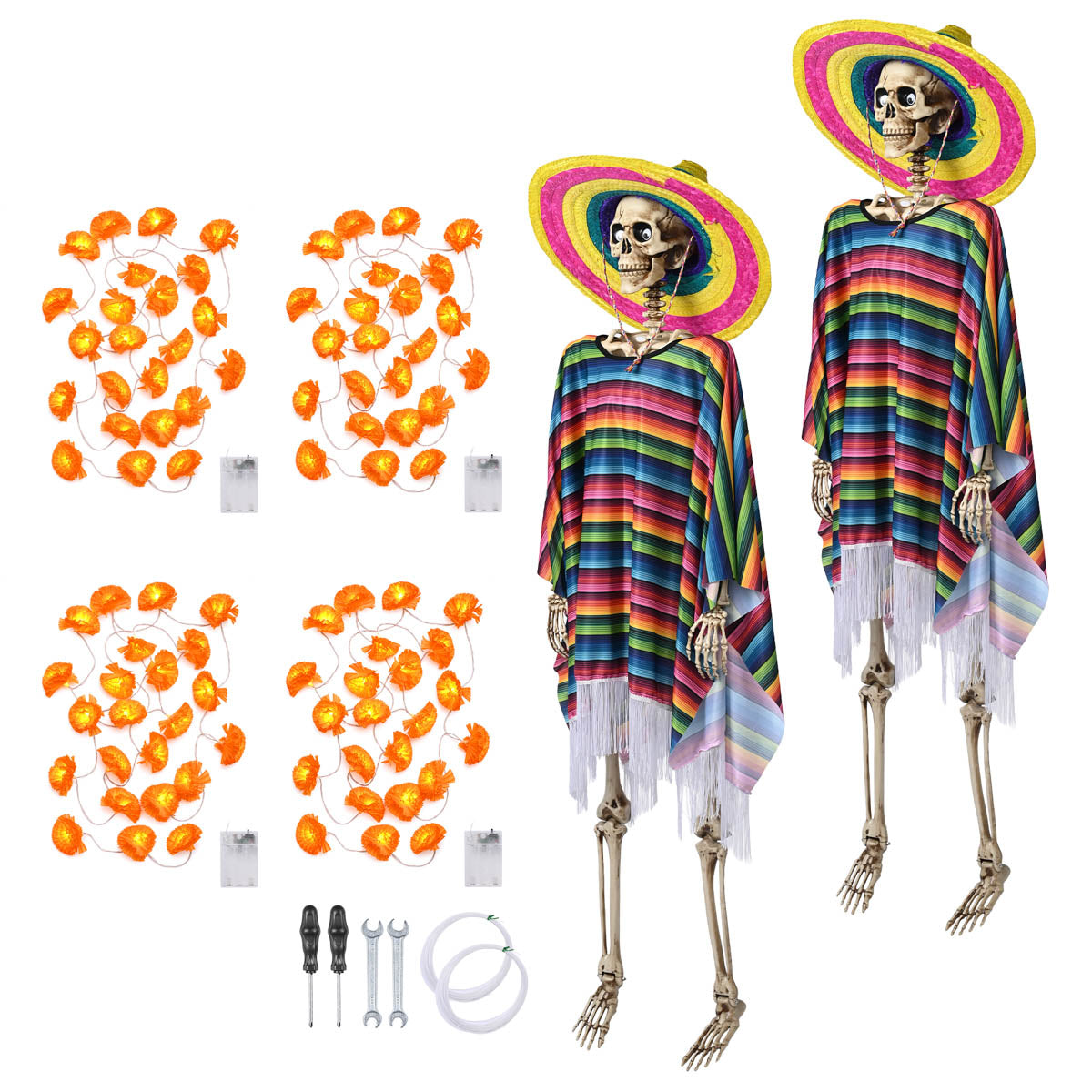 Yescom 5.6Ft Posable Halloween Skeletons & Marigold Light, Set of 2