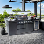 NG 85" 4-Burner 72,000 BTU Black Outdoor Kitchen Island Grill + Refrigerator + Sink