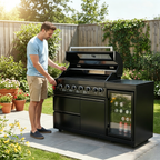 63" 6-Burner Black Outdoor Kitchen Island Grill + Fridge