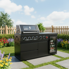 65" 4-Burner 72,000 BTU Black Outdoor Kitchen Island Grill Marble Countertops Wine Cooler