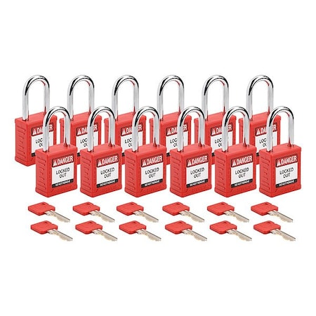 Padlock, Keyed Different, Nylon, Red, 1 1/2 in Shackle Height, 1 1/2 in Body Width, 12 No. of Keys