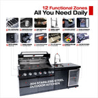NG 85" 6-Burner 85,000 BTU Black Outdoor Kitchen Island Grill Refrigerator + Rotisserie Kit + Sink
