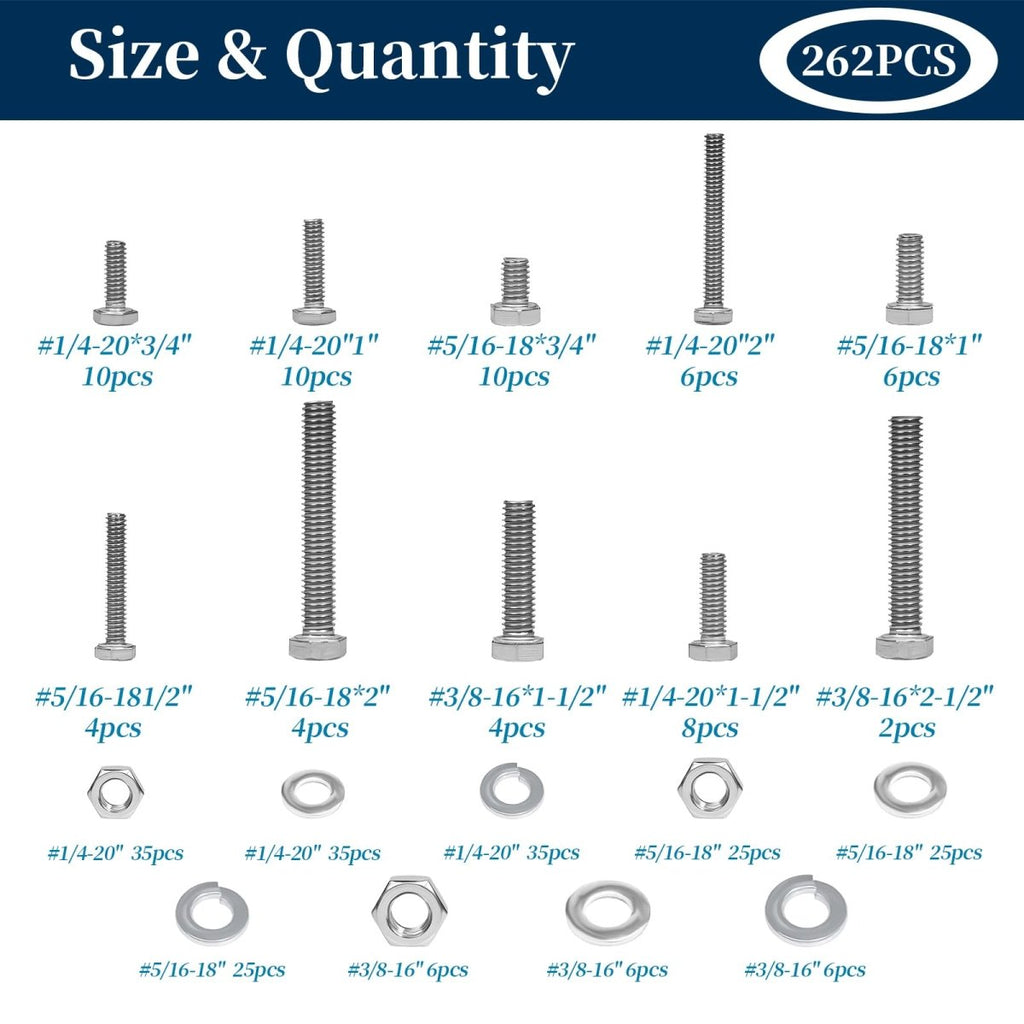 292 Pcs 304 Stainless Steel Bolts and Nuts Kit, A2 Hex Head Flange Nut and Bolt Set M6 M8 M10
