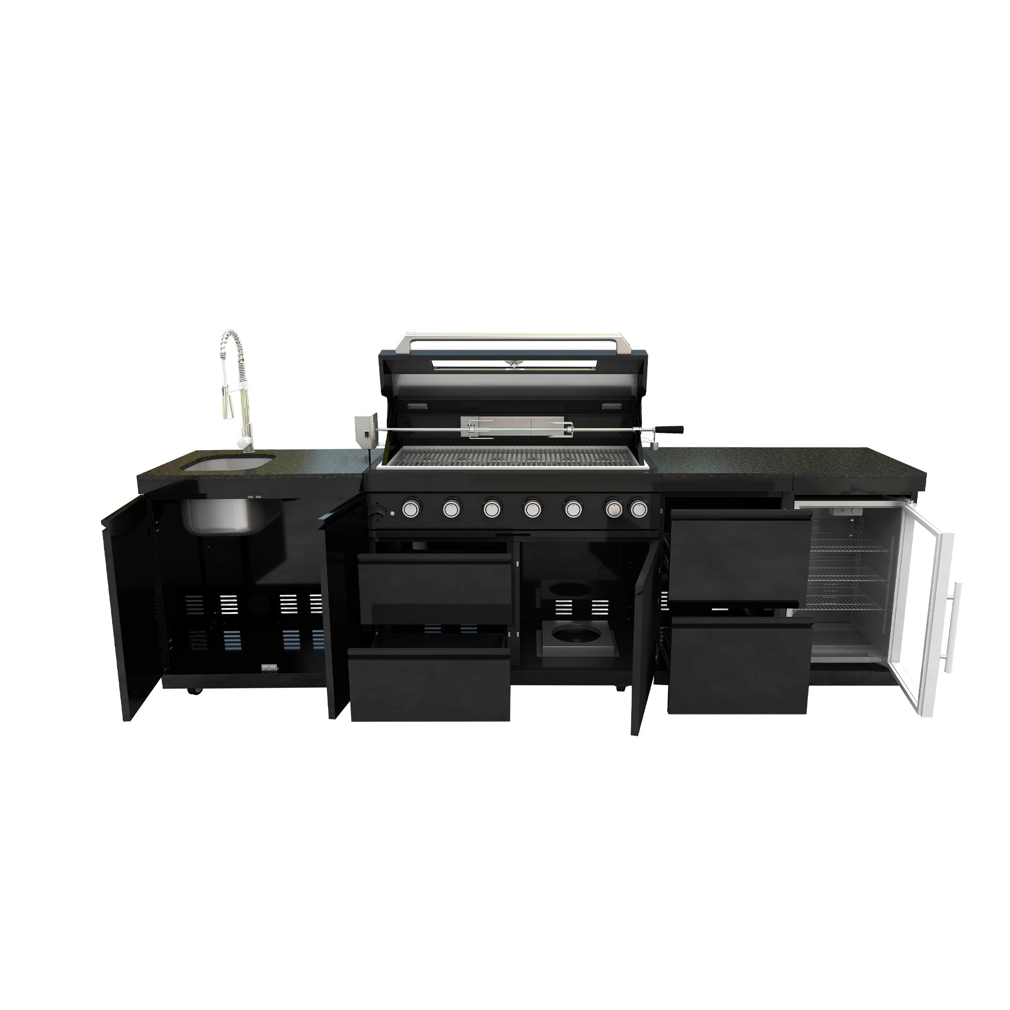 115" 6-Burner 85,000 Black Outdoor Kitchen Island Grill Rotisserie kit
