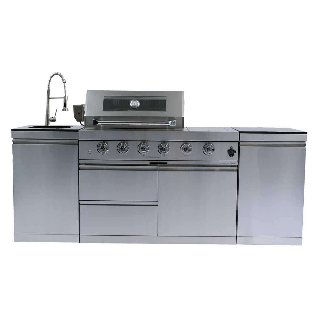 NG 85" 4-Burner 72,000 BTU Silver Outdoor Kitchen Island Grill + Side B & Storage Cabinets & Sink