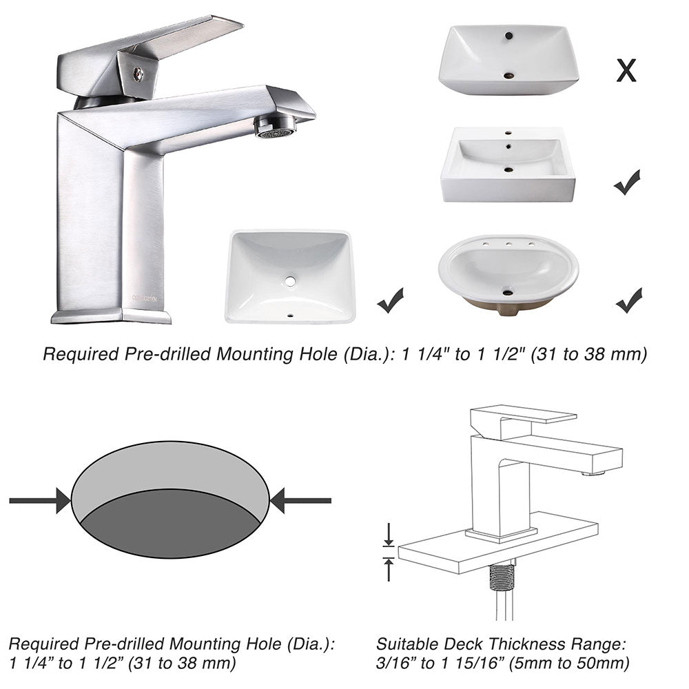 Aquaterior Bathroom Sink Faucet Square 1-Handle Cold & Hot, 7"H