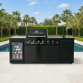 85" 4-Burner 72000 BTU Black Outdoor Kitchen Island Grill with Compact Refrigerator Marble Countertops Sink