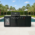 85" 4-Burner 72000 BTU Black Outdoor Kitchen Island Grill with Compact Refrigerator Marble Countertops Sink