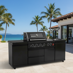 85" 4-Burner 85,000 BTU Black Outdoor Kitchen Island Grill + Storage Cabinets + Sink