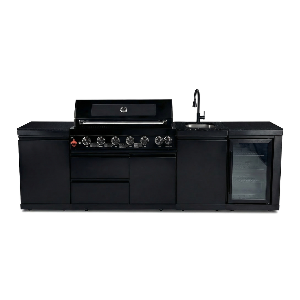 102" 6-Burner 85,000 BTU Black Outdoor Kitchen Island Grill + Refrigerator + Marble Countertops + Sink