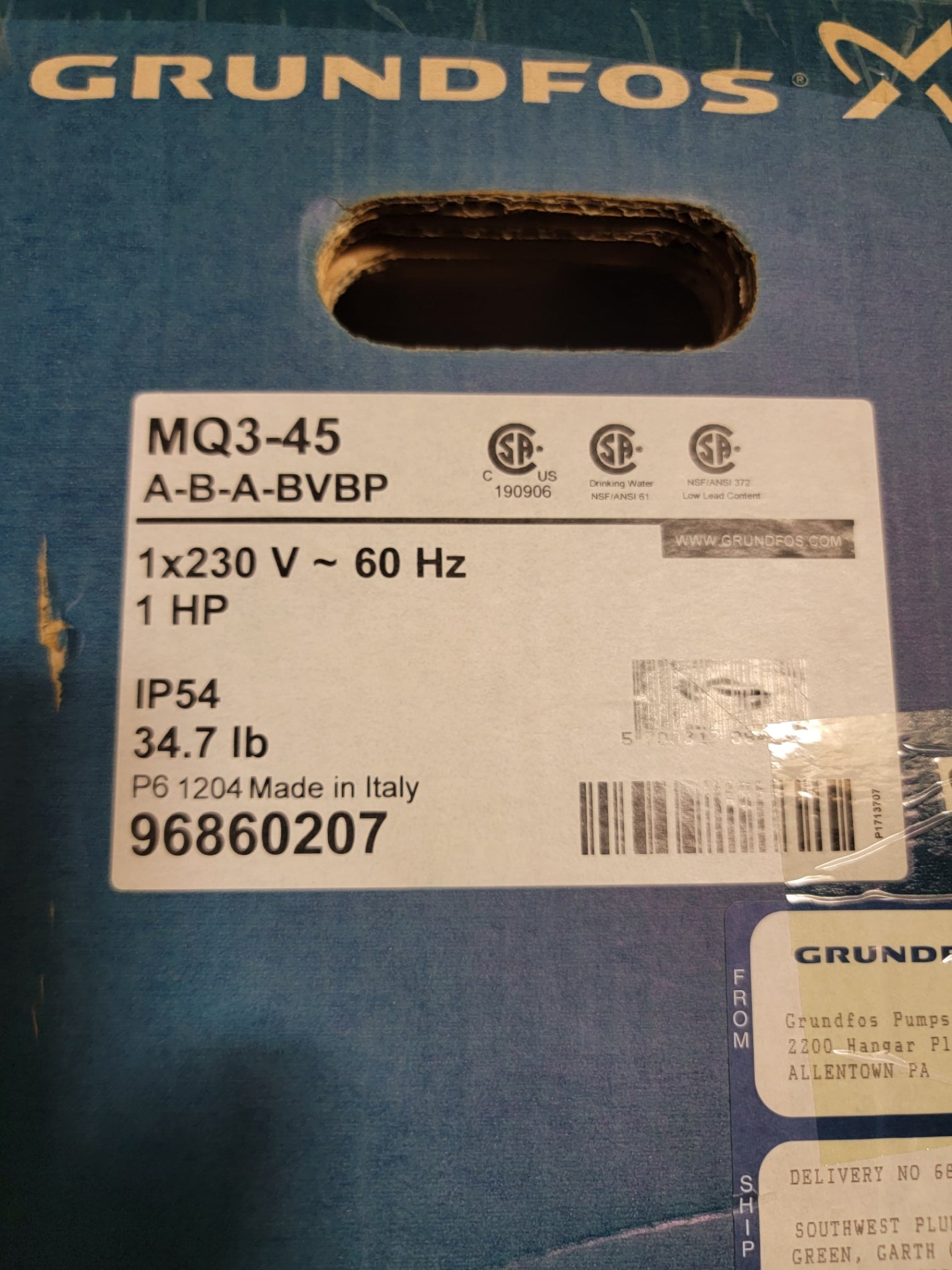 MQ3-45 A-B-A-BVBP GRUNFOS 230 VAC 60 Hz