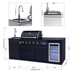 85.2" 4+1 Burner 71,500 BTU Black Outdoor Kitchen Island Grill+ Sink + Refrigerator