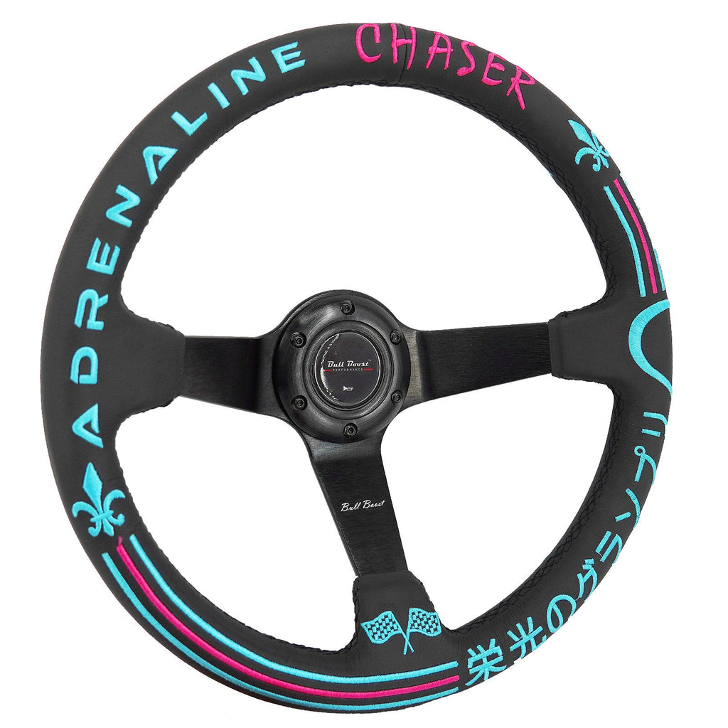Universal 350mm 3"Deep Dish 6-Bolt Steering Wheel Black Leather Adrenaline Chaser