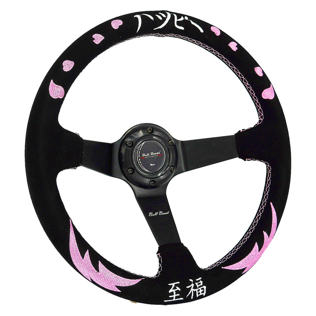 Heart Bliss Universal 350mm 3" Deep Dish 6-Bolt Steering Wheel Black Suede