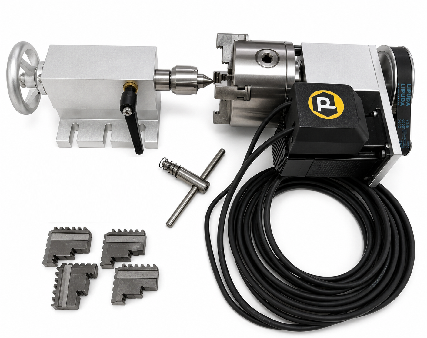 PwnCNC 4th Axis Rotary System for MASSO CNC – 100mm 4-Jaw Chuck