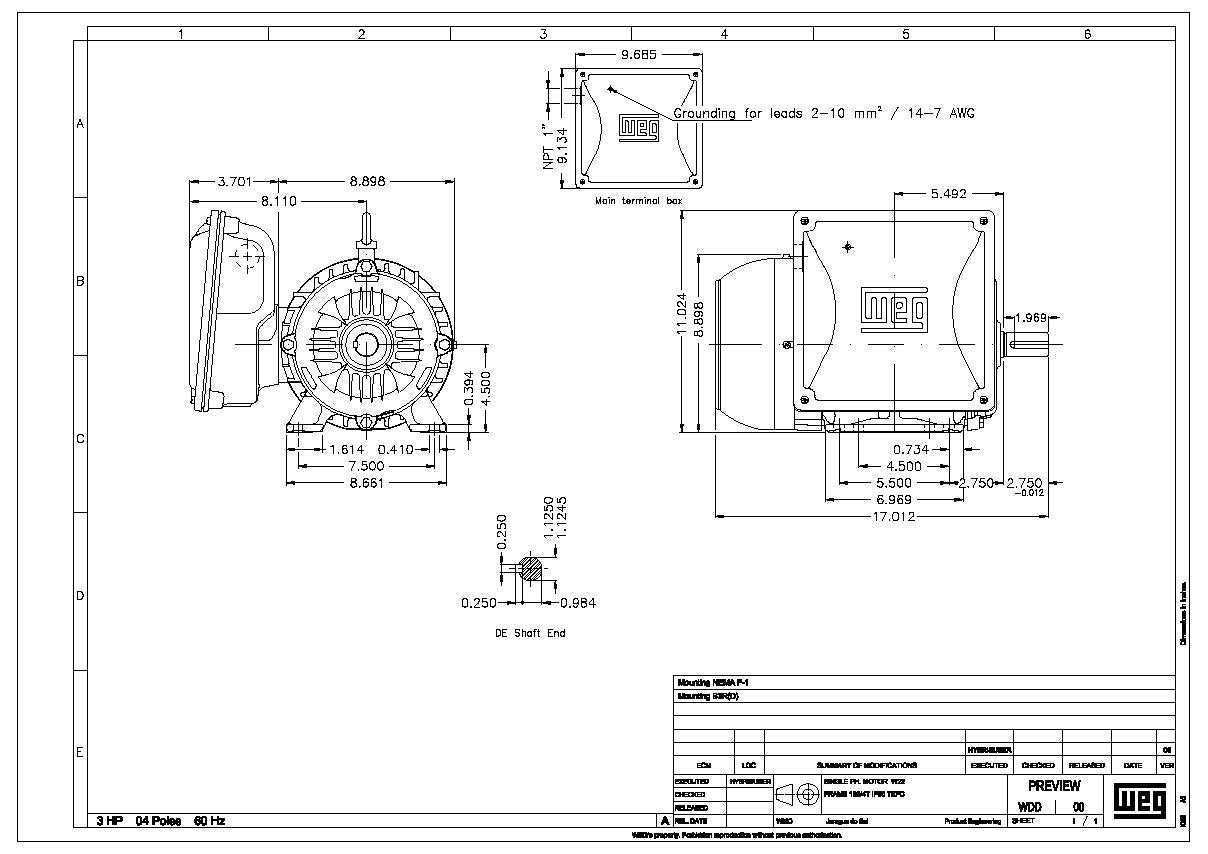WEG 00318ES1E184T-W22 3 HP 4P 182/4T 1Ph 208-230/460 V 60 Hz IC411 - TEFC - Foot-mounted Electric Motor