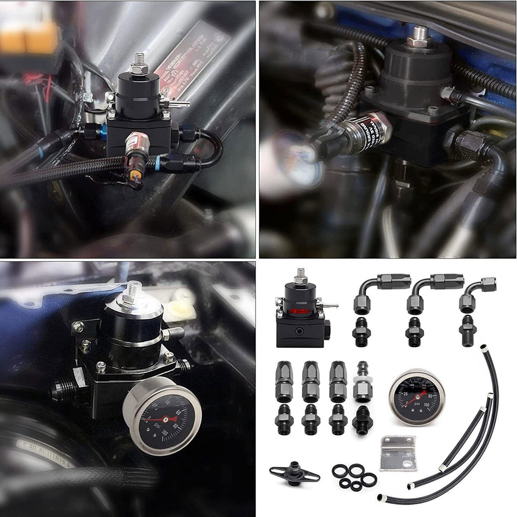Universal Adjustable Fuel Pressure Regulator Kit W/ 100PSI Oil Gauge AN-6 Hoses