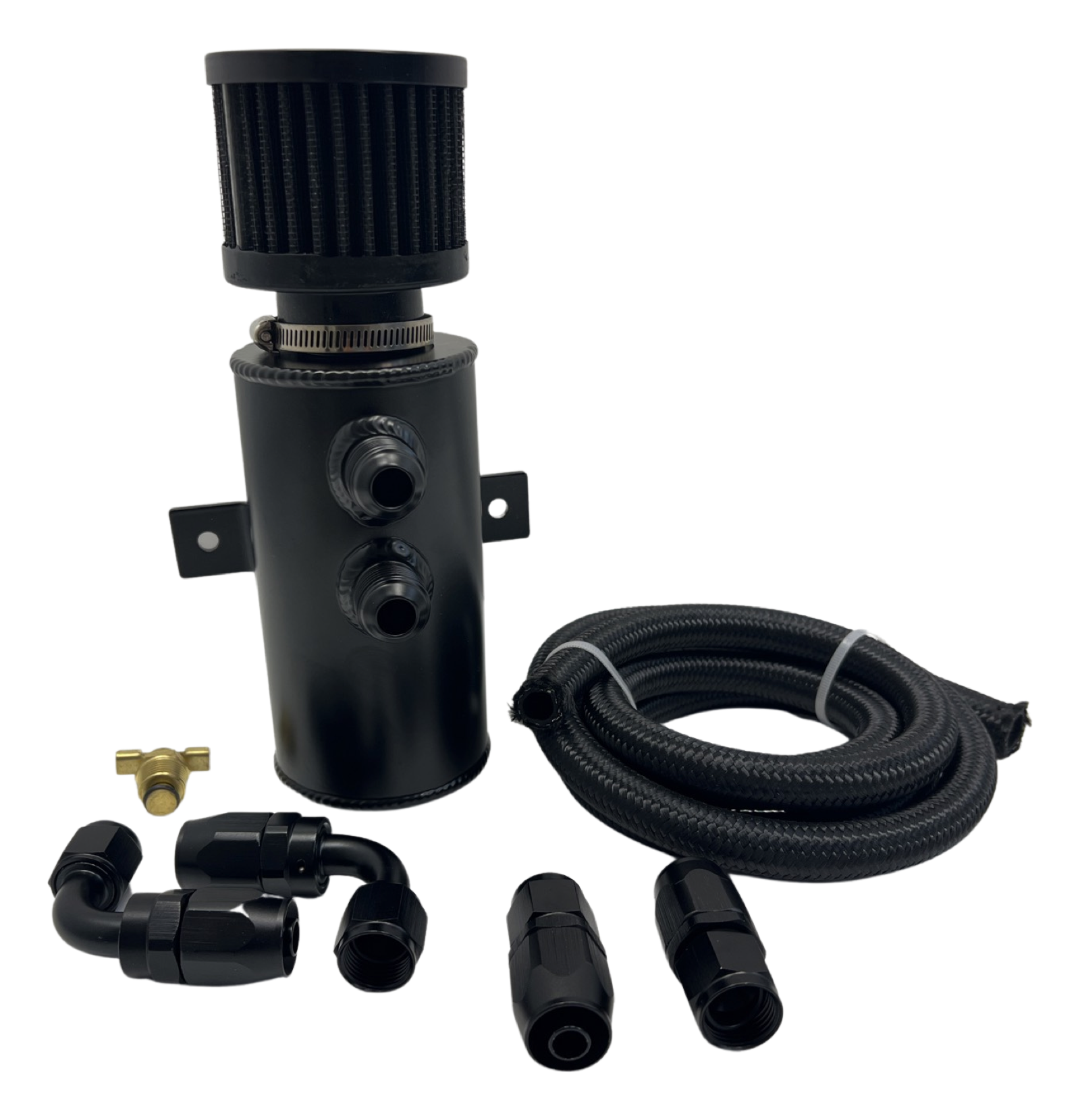 Pro Series Baffled 10AN Oil Catch Can Hose Kit and Fittings Universal AN10 Black