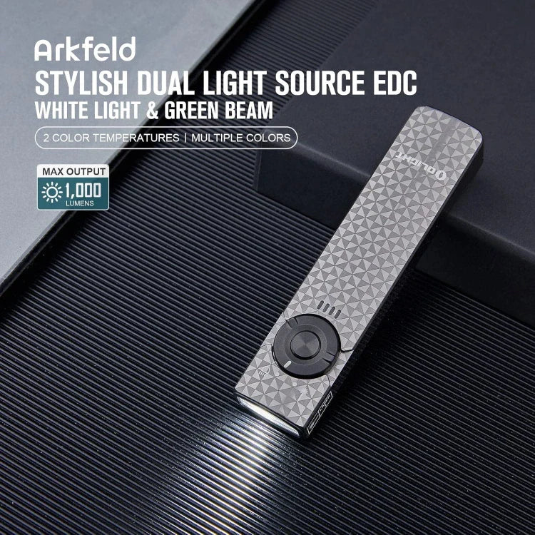 OLIGHT ARKFELDPWGMGCW Arkfeld Flat Flashlight with Green Laser & White Light - Pinwheel Gunmetal Grey