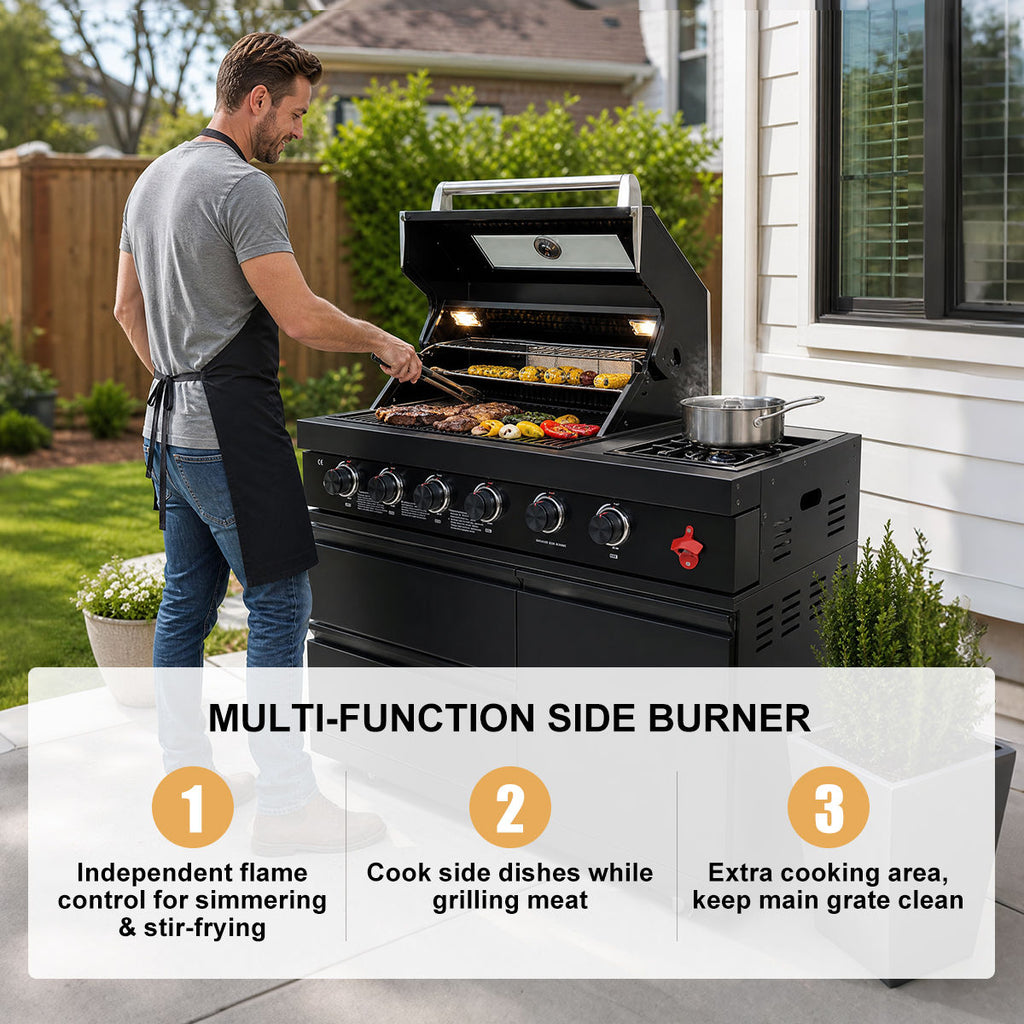 65" 4-Burner 72,000 BTU Black Outdoor Kitchen Island Grill Marble Countertops Wine Cooler