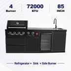 85" 4-Burner 72000 BTU Black Outdoor Kitchen Island Grill with Compact Refrigerator Marble Countertops Sink