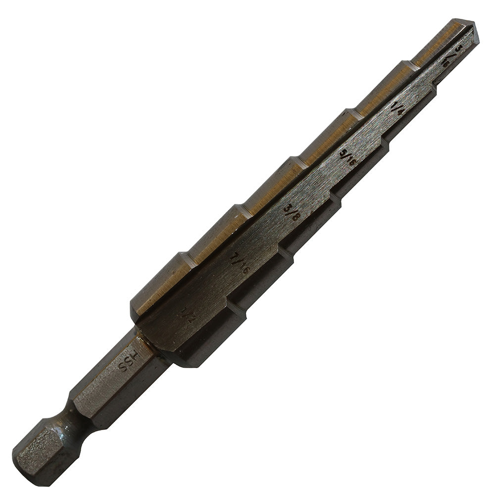 #1 HSS Quick Change Hex Shank Step Drill Bit, (1/8"- 1/2 by 1/32"), VAC1HEX