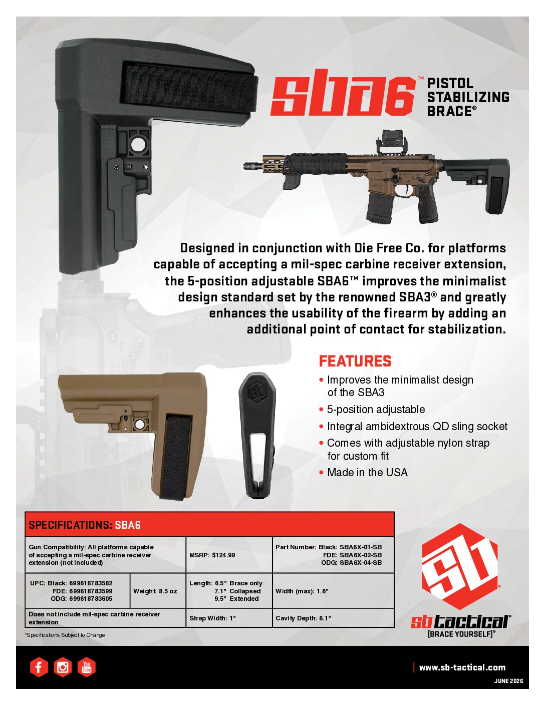 SB Tactical SBA6 - 5-Position Adjustable Brace (Authorized Dealer)