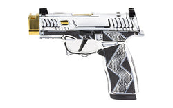 Sig Sauer P365X Komodo Anime |  Striker Fired |  Semi-automatic |  9MM |  3.1" Zaffiri Threadless Compensated Barrel In High Polish Gold |  Komodo Aluminum Grip Module |  Custom White Cerakote Finish by Shark Coast Tactical |  Fixed Sights |  Optic Ready