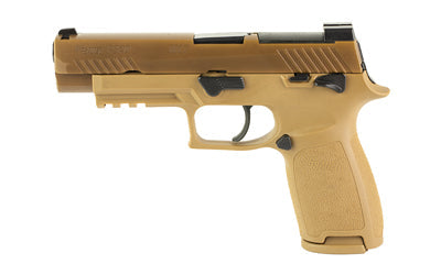 Sig Sauer P320 |  M17 |  Striker Fired |  Semi-automatic |  Polymer Frame |  Full Size |  9MM |  4.7" Barrel |  PVD Finish |  Coyote Tan |  SIGLITE Night Sights |  Manual Thumb Safety |  Optics Ready |  10 Rounds |  3 Magazines |  MA Compliant