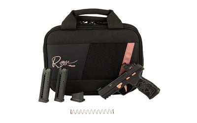 Sig Sauer P322 ROSE ROMEO RS |  Semi-automatic |  Single Action Only |  Polymer Frame Pistol |  Compact |  22 LR |  4" Threaded Barrel with 1/2x28 Adapter |  Matte Finish |  Black with Rose Gold Accents |  Polymer Grip |  Fiber Optic Sights |  ROMEO-RS RO