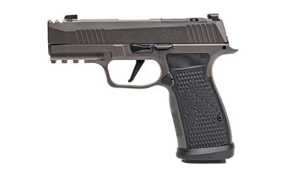 Sig Sauer P365 AXG LEGION |  Striker Fired |  Semi-automatic |  Metal Frame Pistol |  Sub-Compact |  9MM |  3.1" Barrel |  Cerakote Finish |  Legion Gray |  AXG Grip Module |  G10 Grips |  XRAY3 Day/Night Sights |  Optic Ready |  Slide Integrated Expansio