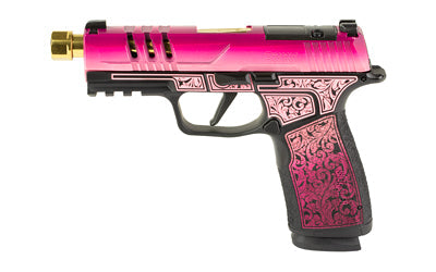 Sig Sauer P365 XMACRO |  Striker Fired |  Semi-automatic |  Polymer Framed Pistol |  Sub-Compact |  9MM |  4.3" Zaffiri Precision Threaded Gold Barrel |  Custom Lady Bug Cerakote Finish by Shark Coast Tactical |  XRAY3 Day/Night Sights |  Optic Ready |  1