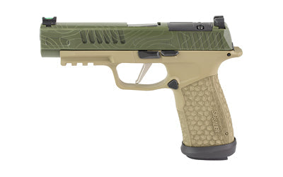 Sig Sauer P365 FUSE |  Semi-automatic |  Polymer Frame Pistol |  Compact |  9MM |  4.3" Barrel |  Custom SKYDAS Cerakote Finish |  Olive Drab Green Slide with Laser Etched TOPO Style Map |  Coyote Tan Frame |  Sig Sauer LXG Grip |  Fiber Optic Front and L