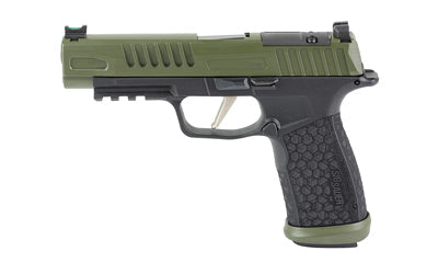 Sig Sauer P365 FUSE |  Semi-automatic |  Polymer Frame Pistol |  Compact |  9MM |  4.3" Barrel |  Custom Crocodile Green Cerakote Finish by Skydas |  Fiber Optic Front and Low Profile Combat Rear Sights |  3 Magazines |  (2)-21 Round Magazines and (1)-17