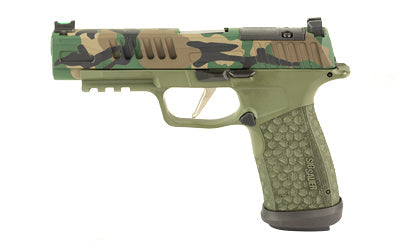 Sig Sauer P365 FUSE |  Semi-automatic |  Polymer Frame Pistol |  Compact |  9MM |  4.3" Barrel |  Custom Cerakote Finish by Skydas |  M81 Camo Slide |  Olive Drab Green Frame |  Sig Sauer LXG Grip |  Fiber Optic Front and Low Profile Combat Rear Sights |