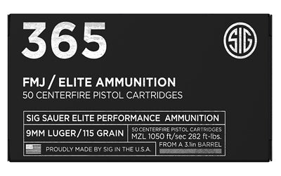 Sig Sauer Elite Performance Ball Ammunition |  9MM |  115 Grain |  Full Metal Jacket |  Designed For Short Barrel Pistols |  Reduced Felt Recoil |  50 Round Box