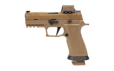 Sig Sauer P320 M18X |  Striker Fired |  Semi-automatic |  Polymer Framed Pistol |  Carry |  9MM |  3.9" Barrel |  PVD Finish |  Coyote Tan |  RomeoM17 Red Dot Sight |  SIGLITE Night Sights |  21 Rounds |  3 Magazines